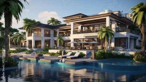 A photo of a triple-story luxury resort-style house.