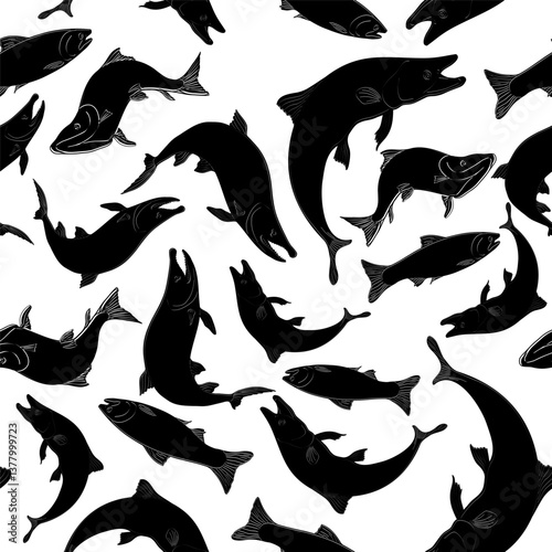 Trout black silhouette vector seamless pattern. Repeated texture of fish Salmon monochrome hand drawn. Nerka sea fish painted black. Sockeye drawing. Outline fish for package, background, textile.