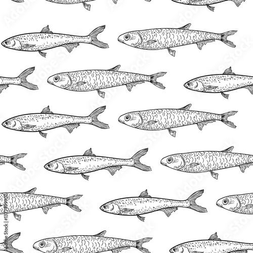 Sardine black white vector seamless pattern. Monochrome school fish repeat background. Sprat, herring, and anchovy by engraving hand drawn. Sea fishes ink drawing for packaging, and marine design.