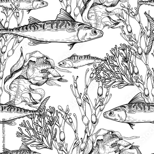 Underwater vector seamless pattern mackerel, coral branches, and seaweed hand drawn. Monochrome marine illustration for fabric design, scrapbooking, stationery, packaging, and aquarium backgrounds.