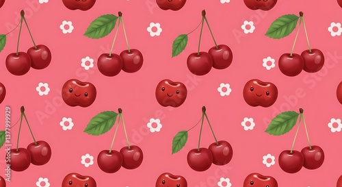 Sweet Cherry Blossom Pattern Delightful Red Fruit Design AI Generated