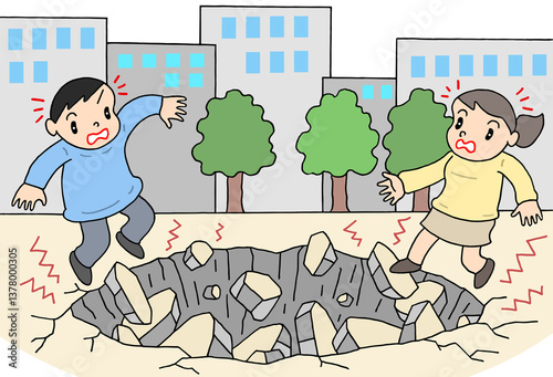 社会問題のイラスト - 道路陥没・地中空洞化・道路インフラ