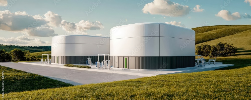 Fototapeta premium hydrogen sustainability economy concept. Modern industrial storage tanks in a green landscape under a cloudy sky.