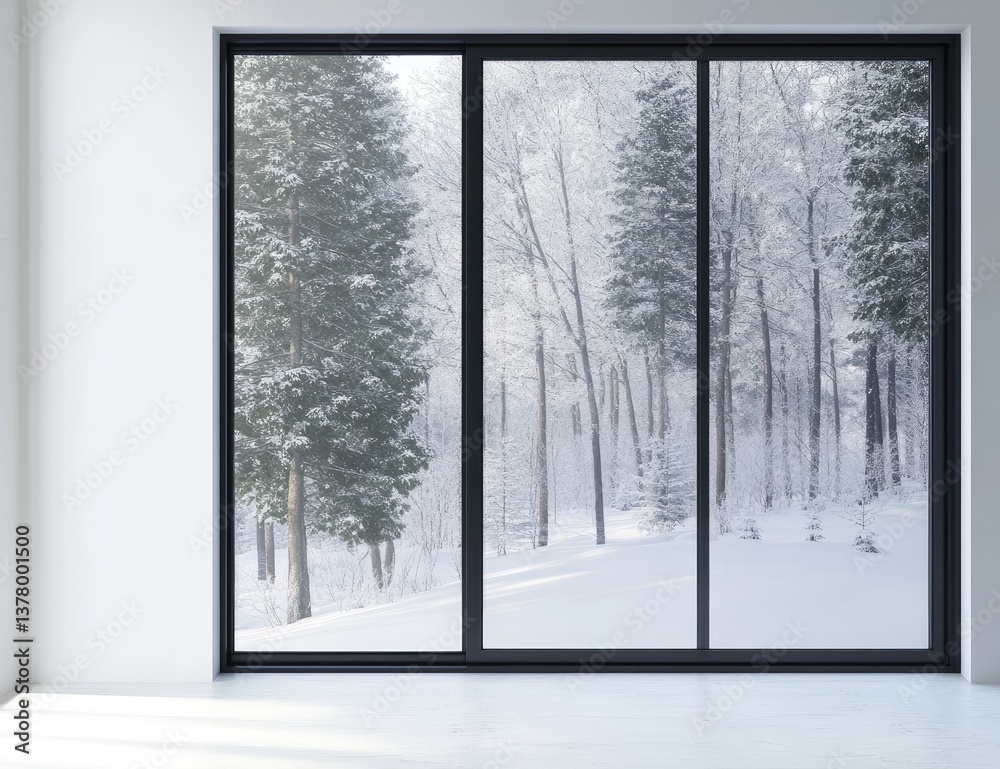 Fototapeta premium Winter wonderland view through a modern sliding glass door