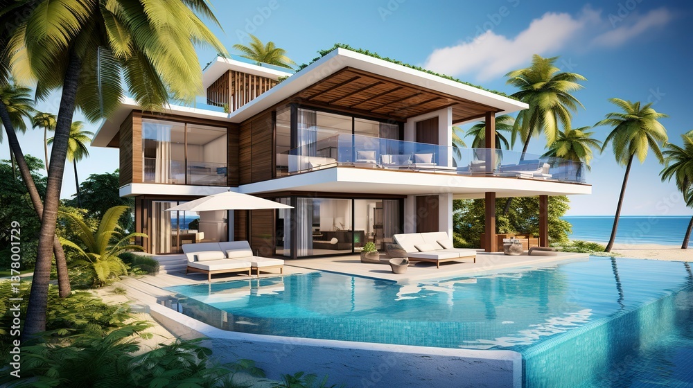 Fototapeta premium A photo of a triple-story tropical beachfront villa. ,