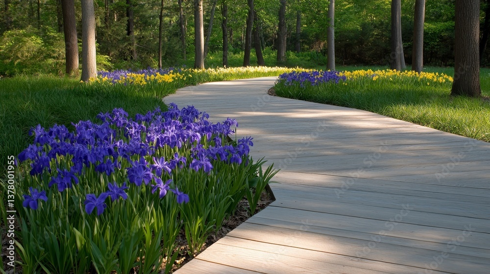 Obraz premium Serene Garden Path Wooden Walkway Winding Through Blooming Irises and Daffodils