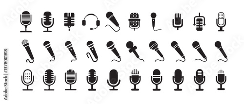 Microphone icon set. A detailed vector collection of microphones and headphones, featuring equipment ideal for podcasts and recording studios. vector illustration  eps 10.