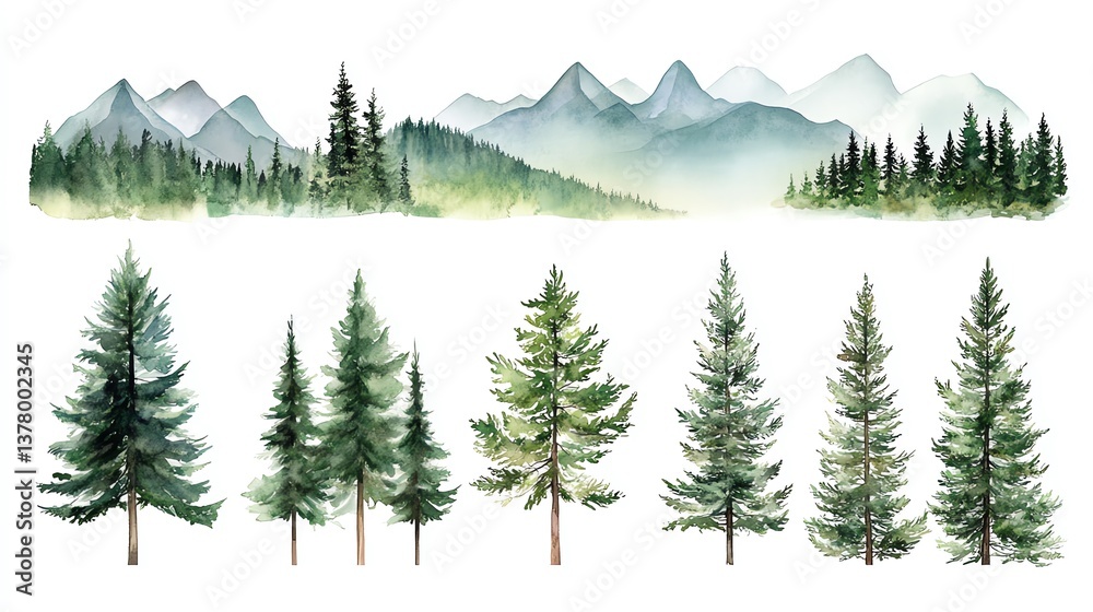 Fototapeta premium Watercolor Pine Trees with Distant Mountains Forest and Foggy Haze