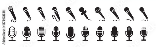 Microphone icon set. A detailed vector collection of microphones and headphones, featuring equipment ideal for podcasts and recording studios. vector illustration  eps 10.