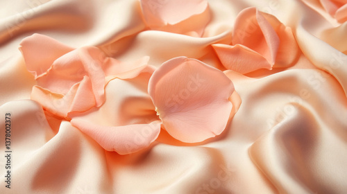 A delicate arrangement of soft rose petals scattered on smooth, silky fabric creates an enchanting and romantic ambiance, ideal for celebrations or intimate evenings.