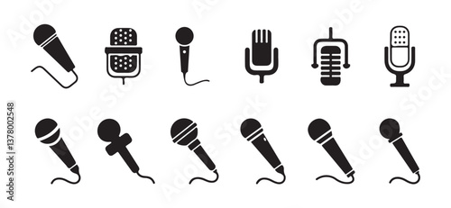 Microphone icon set. A detailed vector collection of microphones and headphones, featuring equipment ideal for podcasts and recording studios. vector illustration  eps 10.