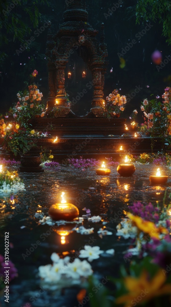 Obraz premium Riverside shrine with flowers lamps at dusk empty surroundings