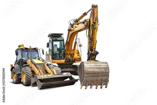 Heavy machinery including a backhoe and an excavator stands isolated, available for rent for various construction activities and projects.