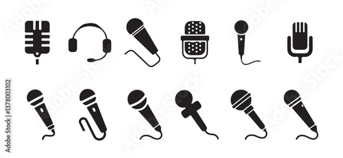 Microphone icon set. A detailed vector collection of microphones and headphones, featuring equipment ideal for podcasts and recording studios. vector illustration  eps 10.