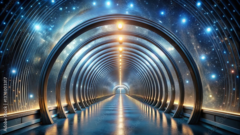 Fototapeta premium A Futuristic Corridor with Celestial Views An Enigmatic Passage Through a Starry Expanse Featuring Reflective Surfaces and Ambient Lighting