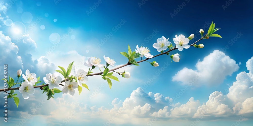 Serene Spring Blossom Branch Against a Vivid Blue Sky with Puffy Clouds Serene Spring Blossom Branch Against a Vivid Blue Sky with Puffy Clouds