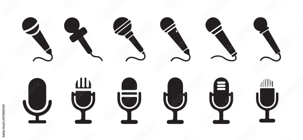 Microphone icon set. A detailed vector collection of microphones and headphones, featuring equipment ideal for podcasts and recording studios. vector illustration eps 10. Microphone icon set. A detailed vector collection of microphones and headphones, featuring equipment ideal for podcasts and recording studios. vector illustration eps 10.