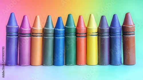 Colorful wax crayons arranged in row on rainbow gradient background, macro photography showing texture and detail of art supplies for creative projects.
