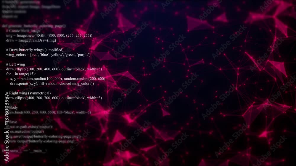 plexus and code motion. red plexus connected with line in front of text animated on the plexus line and network digital high tech animation background for coder and game developer or computer code