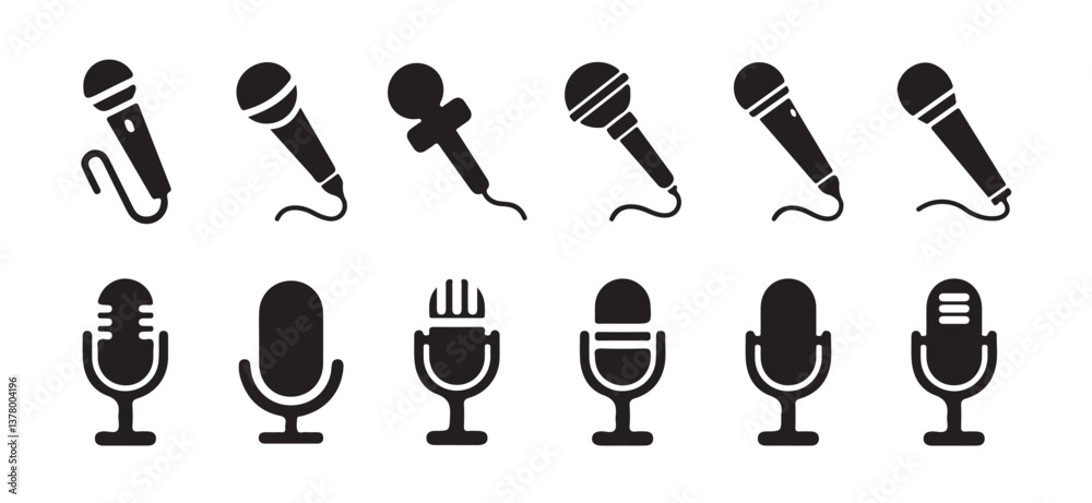 Microphone icon set. A detailed vector collection of microphones and headphones, featuring equipment ideal for podcasts and recording studios. vector illustration eps 10. Microphone icon set. A detailed vector collection of microphones and headphones, featuring equipment ideal for podcasts and recording studios. vector illustration eps 10.
