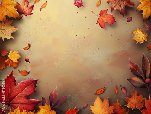 Autumn background with falling leaves and pine cones and copy space for text, illustration.