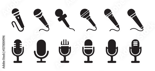 Microphone icon set. A detailed vector collection of microphones and headphones, featuring equipment ideal for podcasts and recording studios. vector illustration  eps 10.