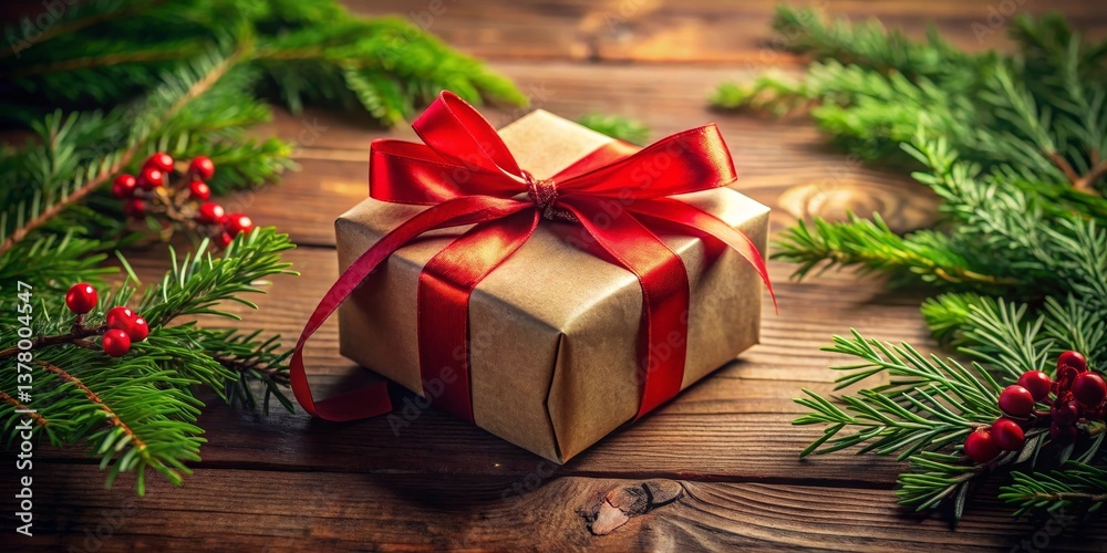 A Rustic Brown Gift Box Adorned with a Vibrant Red Ribbon, Nestled Amongst Evergreen Branches and Festive Berries on a Dark Wooden Surface