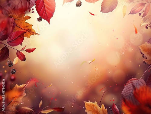 Autumn background with falling leaves and pine cones and copy space for text, illustration.