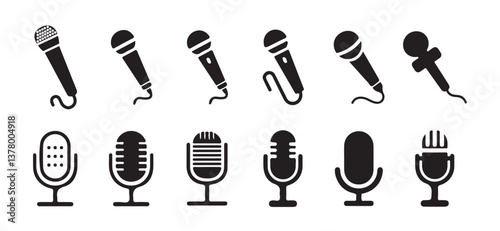 Microphone icon set. A detailed vector collection of microphones and headphones, featuring equipment ideal for podcasts and recording studios. vector illustration  eps 10.