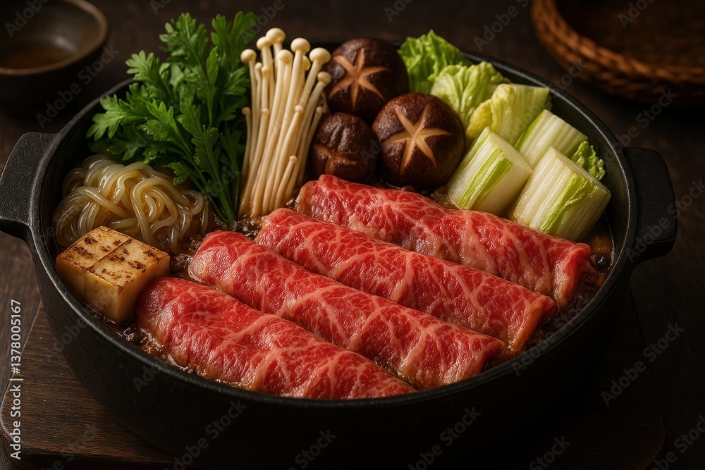 Japanese Premium Sukiyaki Beef Hot Pot (すき焼き, 스키야키) Featuring High-Quality Beef and Fresh Mushrooms Japanese Premium Sukiyaki Beef Hot Pot (すき焼き, 스키야키) Featuring High-Quality Beef and Fresh Mushrooms