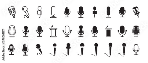 Microphone icon set. A detailed vector collection of microphones and headphones, featuring equipment ideal for podcasts and recording studios. vector illustration  eps 10.