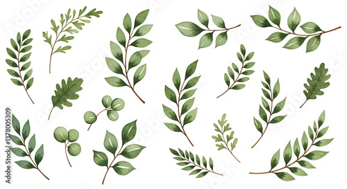 Watercolor greenery branch leaves twigs floral plant forest herbs isolated on white background
