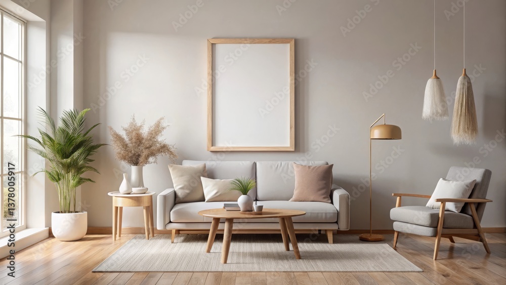 Fototapeta premium Serene Living Room Interior Design with Minimalist Decor and Blank Frame for Artwork
