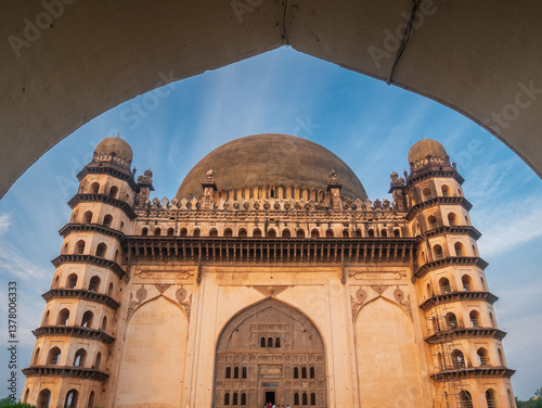 Framed view of amazing Gol Gumbaz islamic tomb at Bijapur, famous unesco travel destination, Karnataka, India