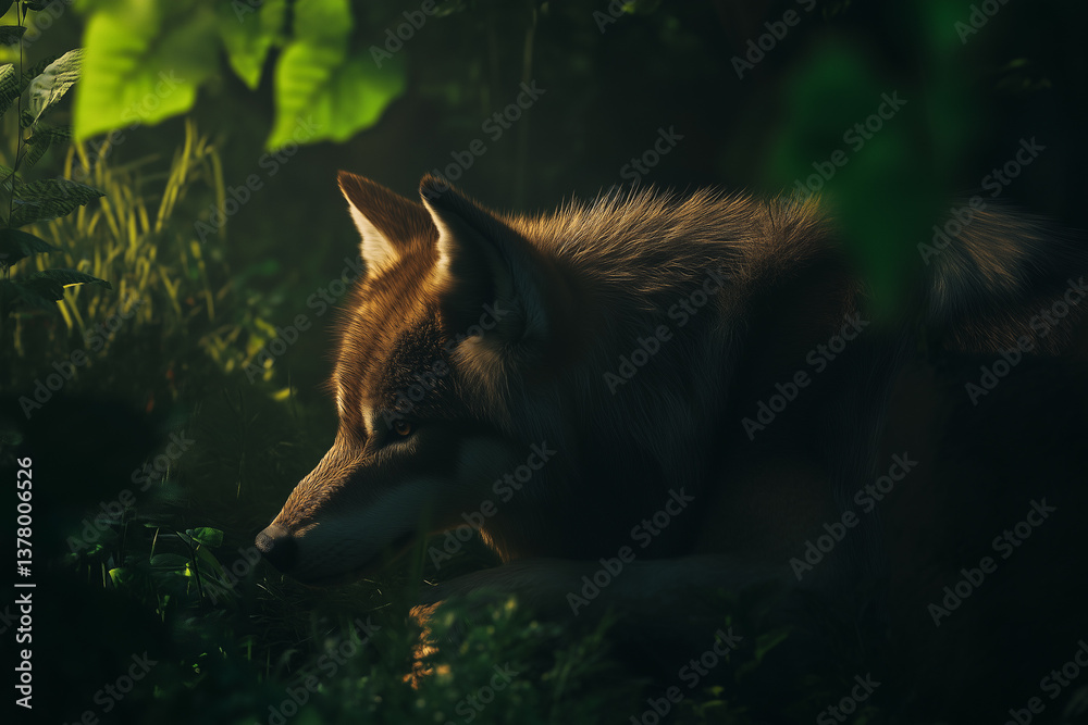 Wolf in a lush forest environment.