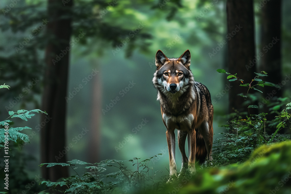 Wolf in a lush forest environment.