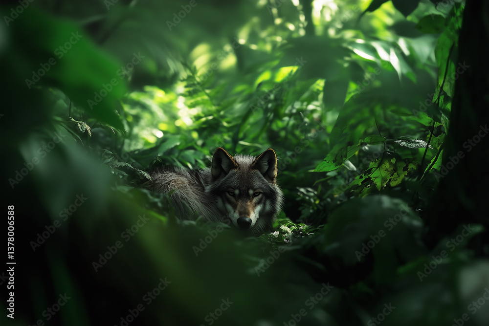 Wolf in a lush forest environment.