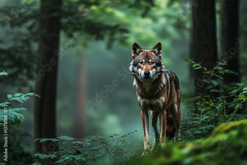 Obraz na płótnie Wolf in a lush forest environment. w salonie