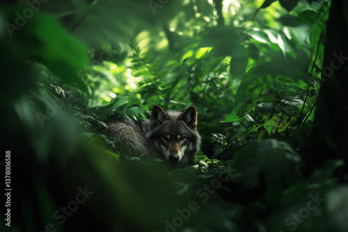 Wolf in a lush forest environment.