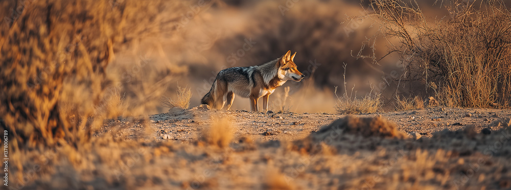 Lonely wolf standing in an arid environment.