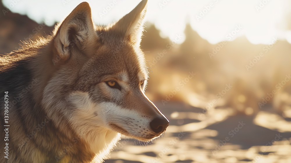 Close-up portrait of a wolf in an arid environment.