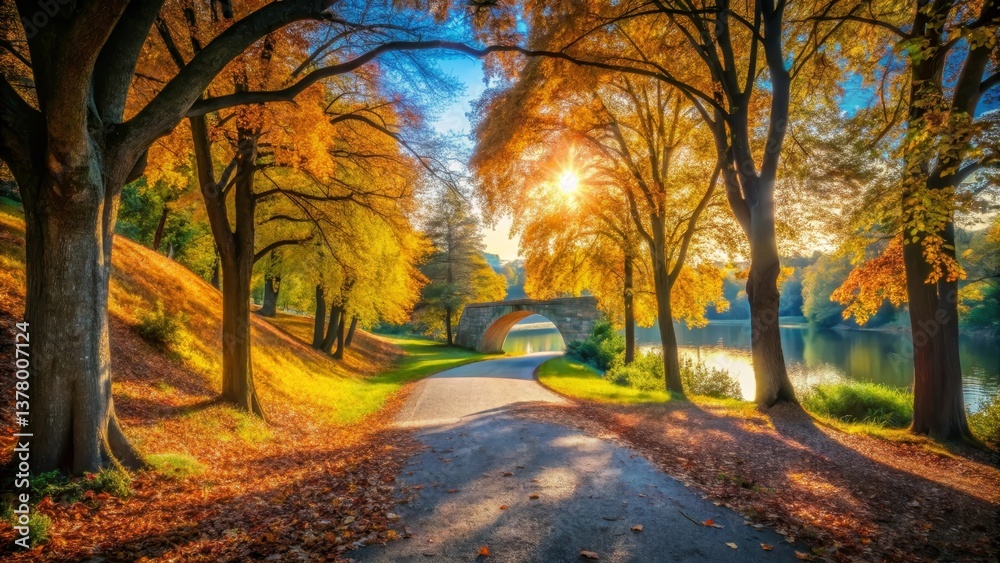 Fototapeta premium Autumnal Pathway Leading to a Stone Arch Bridge Over a Serene Lake, Bathed in Golden Sunlight