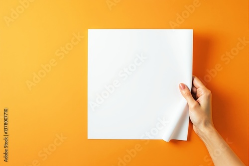 Blank white paper held by a hand on vibrant orange background.
