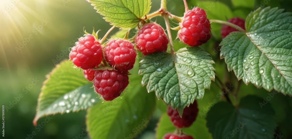 Fresh ripe raspberries with dewdrops on leaves in sunlight. Fresh ripe raspberries with dewdrops on leaves in sunlight.