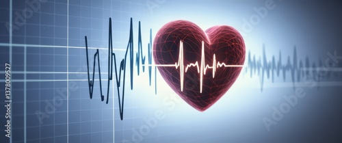 Digital heart with ECG pulse line on futuristic blue background.