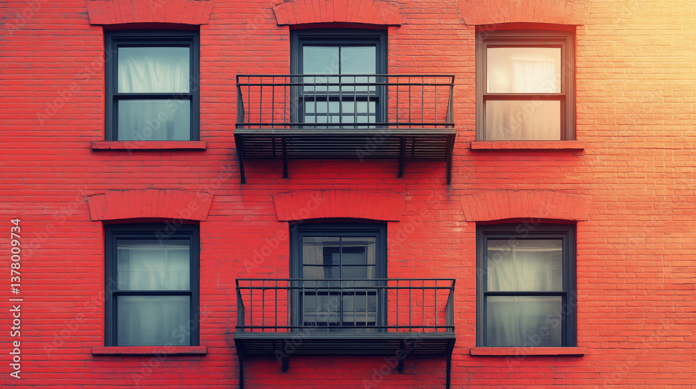 Fototapeta premium Red brick apartment building facade with black balconies and windows, urban residential architecture with warm sunset light, concept of city living and metropolitan housing