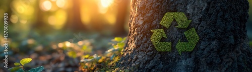 Mosscovered recycle icon on tree trunk, shallow depth, warm forest lighting