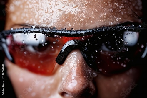 close-up portrait of female trail runner with glasses and drops on her face and goggles