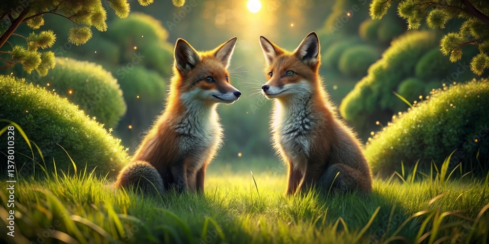 Fototapeta premium Two red foxes sitting in a sunlit meadow, facing each other, surrounded by lush green vegetation and glowing fireflies