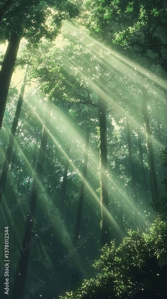 Fototapeta premium A Serene Forest teeming with Life, where Sunlight Beams Filter Gently Through Lush Green Trees all around
